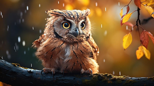 Owl on a branch heading for the rain on a blurred background