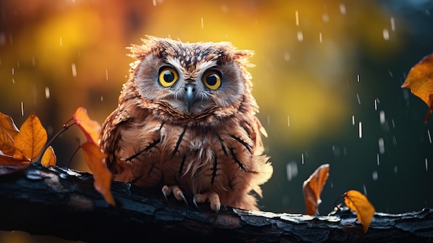 Owl on a branch heading for the rain on a blurred background