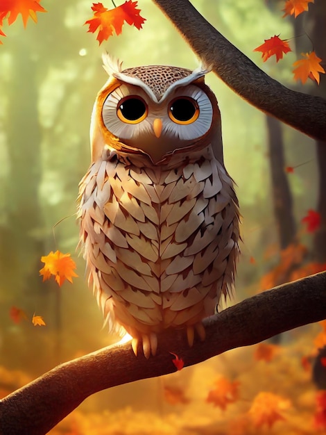 owl on a branch with orange autumn leaves in the background, Digital painting.