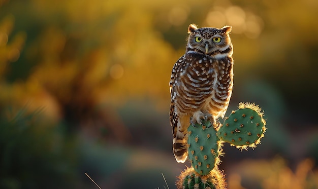 Photo a owl on a cactus with a blurred background