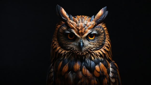 Owl closeup looks straight into the camera on a black background generative ai