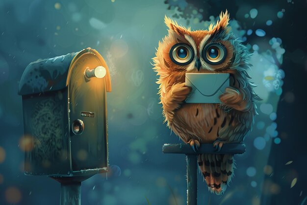 Photo owl delivering a letter at night by a glowing mailbox world post day