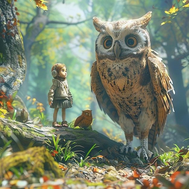 an owl and a doll are on a log in the woods