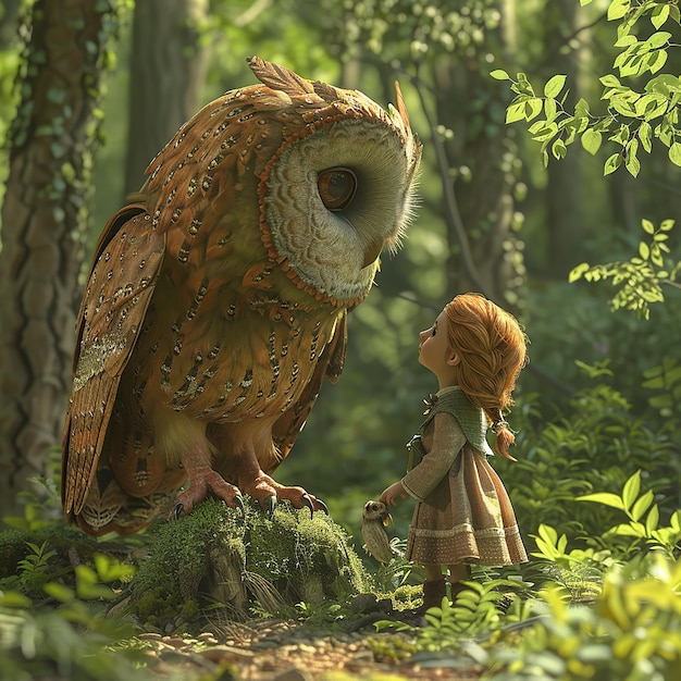 an owl and a doll are in the woods one of which is a toy