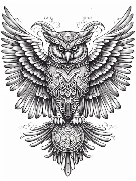 Owl drawing coloring page in black and white