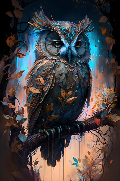 owl in fairy forest sitting on a branch. AI generated