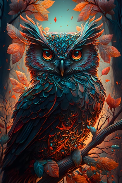 owl in fairy forest sitting on a branch