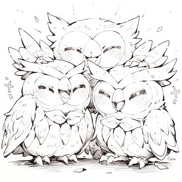 Photo owl family coloring book for adults black and white illustration