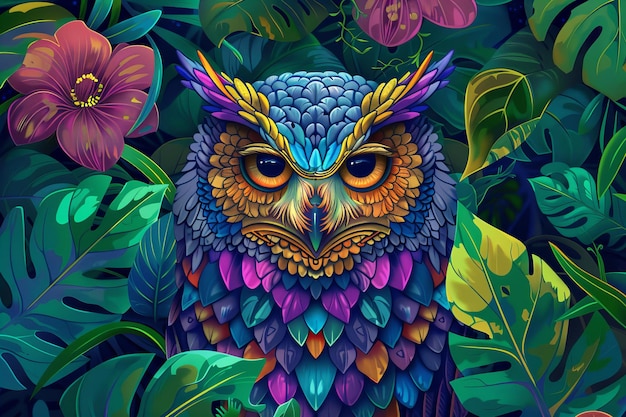 An owl figure depicted as a mandala a landscape drawing colorful and beautiful against a background