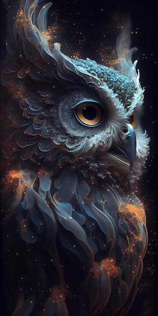 owl in galaxy stars with iridescent style and with the shape of a owls face