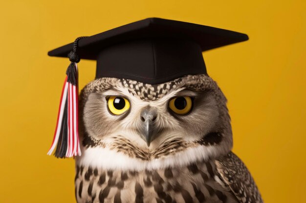 Owl in graduation cap on yellow background