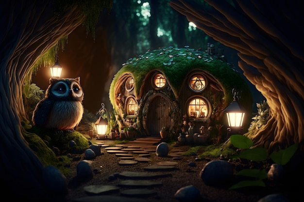 Owl guards fairy tale house in forest the home of hobbits and forest elves Light in the windows of the hut owl closeup on the background of a magical village