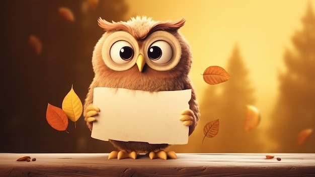 An owl holding a blank sign in front of autumn leaves