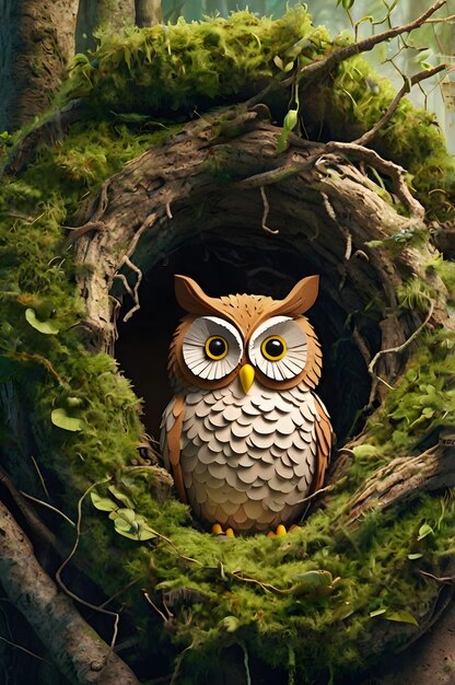 an owl is inside a nest with moss and moss