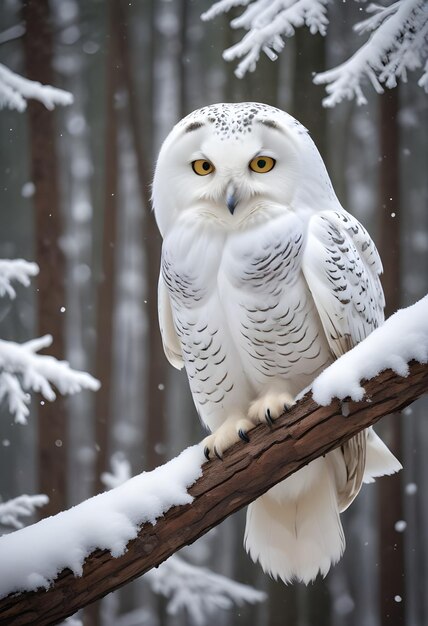 an owl is perched on a branch with snow on it