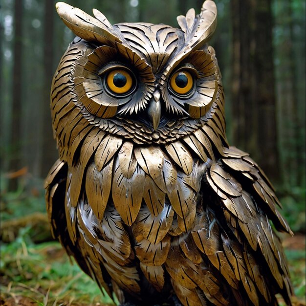 Photo an owl is shown with yellow eyes and a black and white pattern