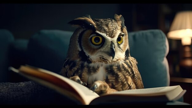 An owl is sitting on a book and reading a book.