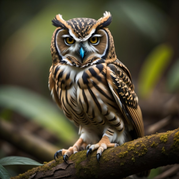 A owl is sitting on a branch with a blue beak.