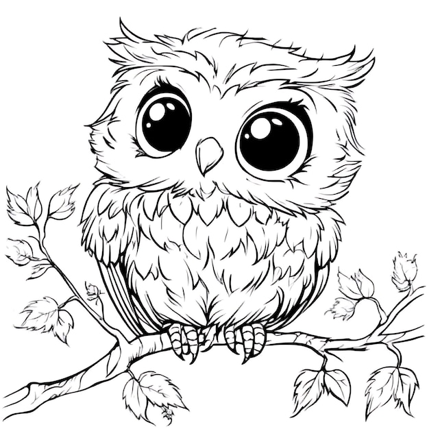 an owl is sitting on a branch with leaves and a black and white drawing