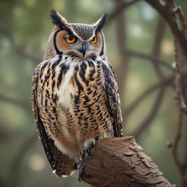 a owl is sitting on a branch with a yellow eye