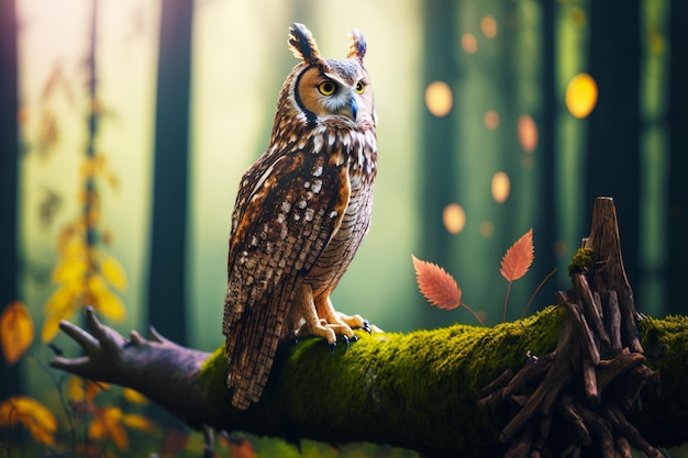 Owl is sitting on mossy branch in the middle of wooded area Generative AI