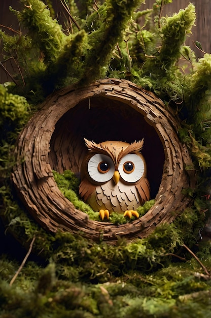 an owl is sitting in a nest with the word owl on it