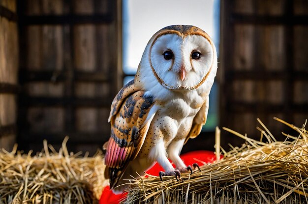 a owl is sitting on a straw with a red tail