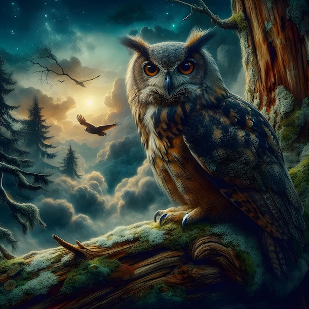 an owl is sitting on a tree branch with a bird flying in the sky