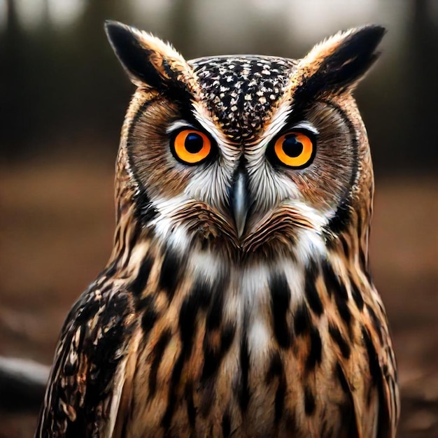 a owl is standing in a field with a yellow eye