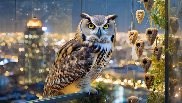 a owl is standing on a ledge with a glass window in the background