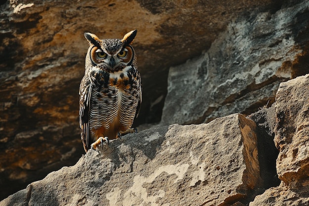 Photo a owl is standing on a rock with a rock in the background