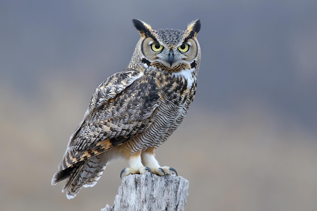 Photo a owl is standing on a wooden post with a gray background