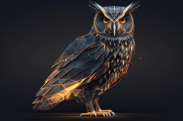 Owl isolated from low poly wireframe on dark background AI generated