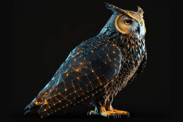 Owl isolated from low poly wireframe on dark background AI generated