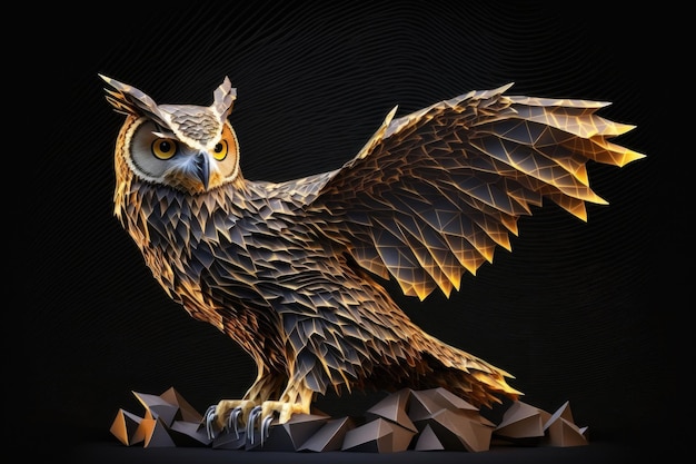 Owl isolated from low poly wireframe on dark background AI generated