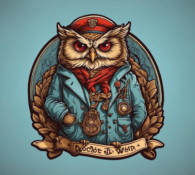 Owl in a jacket with a medal in his hand Vector illustration