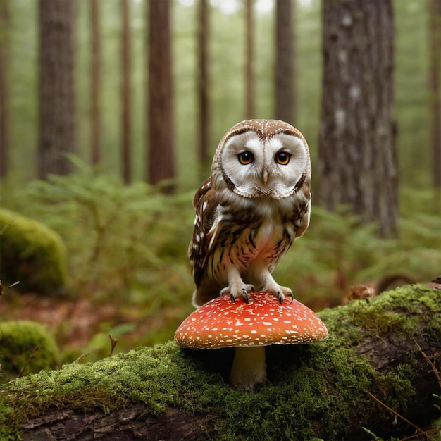 Photo an owl on a log in the woods with a mushroom in the background