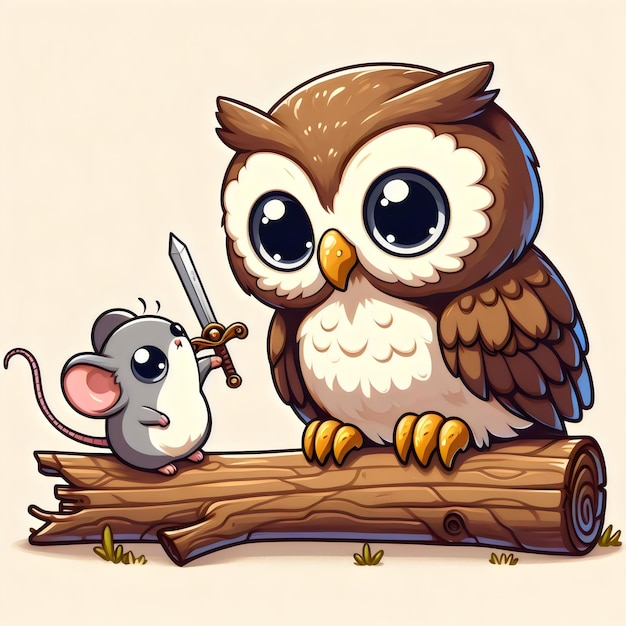 an owl and mouse on a log with a white background