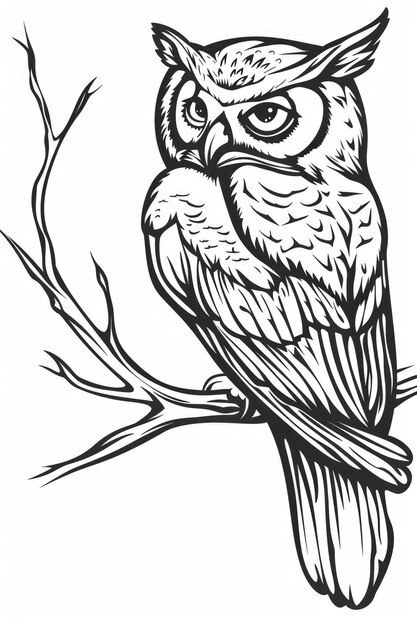 Photo owl outline bird sitting ready for coloring with detailed beak and feather