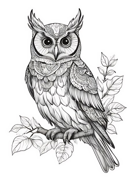 Owl outline coloring page white background ai generated