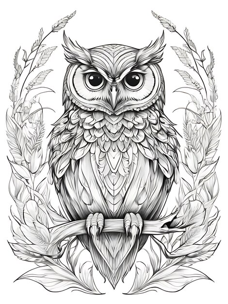 Owl outline coloring page white background ai generated