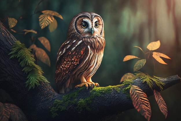 Owl perched on a branch in a dark forest generative ai