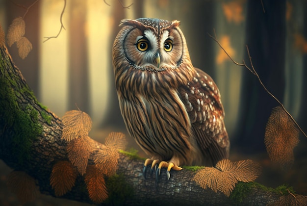 Owl perched on a branch in a dark forest generative ai