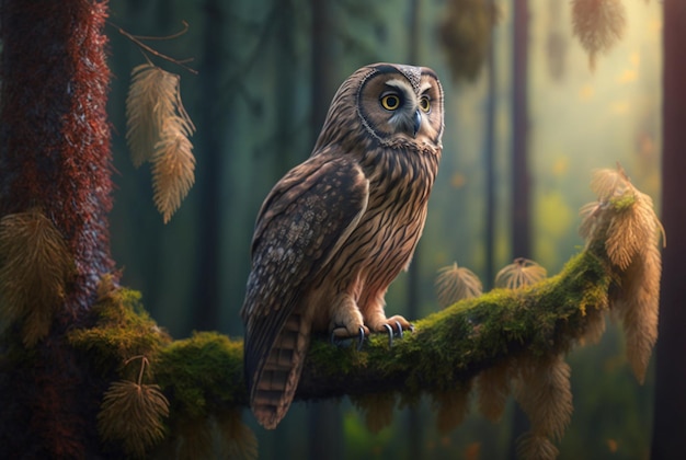 Owl perched on a branch in a dark forest generative ai