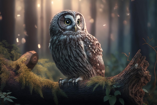 Owl perched on a branch in a dark forest generative ai