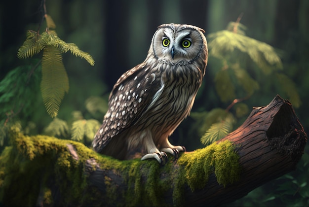 Owl perched on a branch in a dark forest generative ai