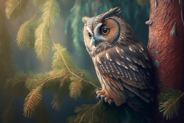 Owl perched on a branch in a dark forest generative ai