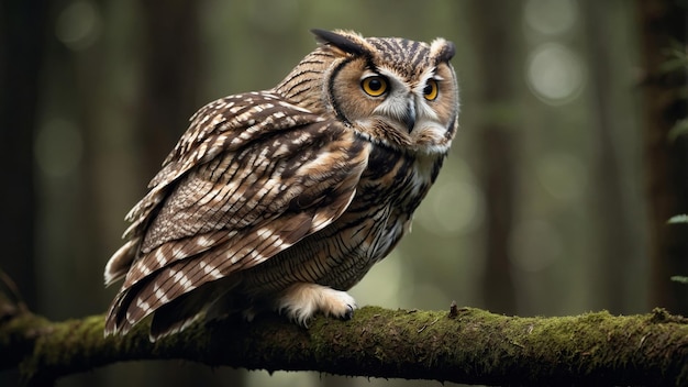 Owl Perched on a Branch in a Dense Forest