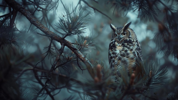 Owl Perched on Pine Tree Branch