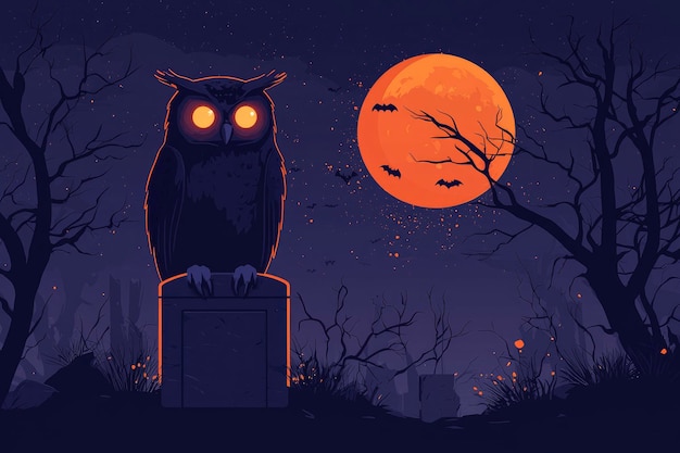 Photo owl perched on a tombstone under a blood moon